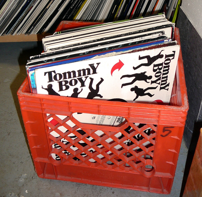 records in a milk crate