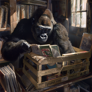 A gorilla searches through a crate of vinyl record albums