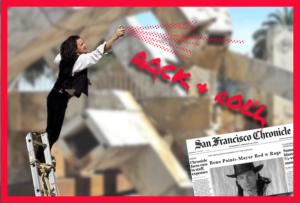 Fictional depiction of Bono spray painting the fountain at Justin Herman Plaza in SF