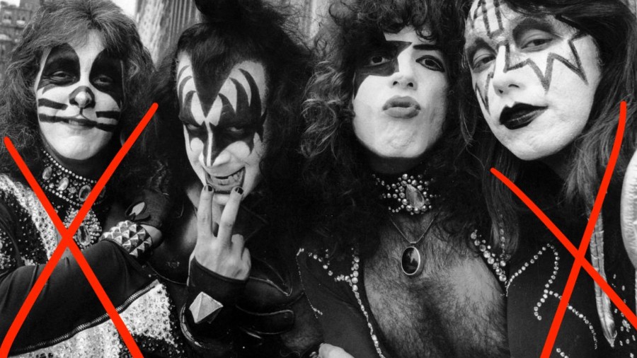 KISS band picture with Ace and Peter crossed out