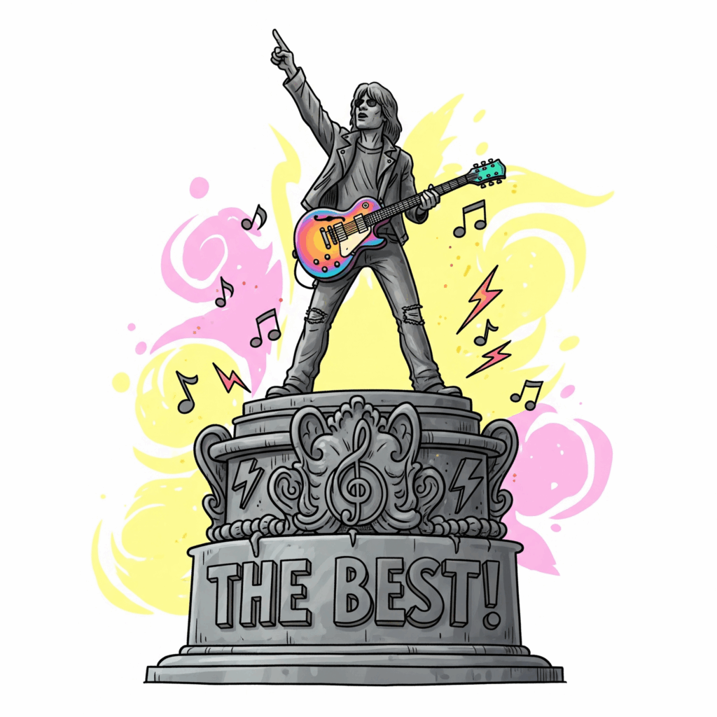 A rock star statue inscribed "THE BEST!"