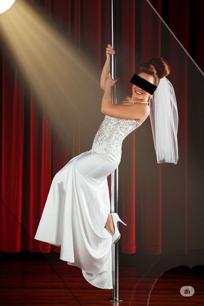 AI image of a bride climbing a pole. Here eyes are covered to protect her identity