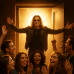 AI generated image of a rockstar as he emerges from backstage to greet his fans