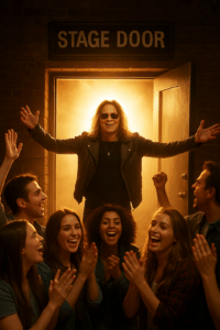 AI generated image of a rockstar as he emerges from backstage to greet his fans