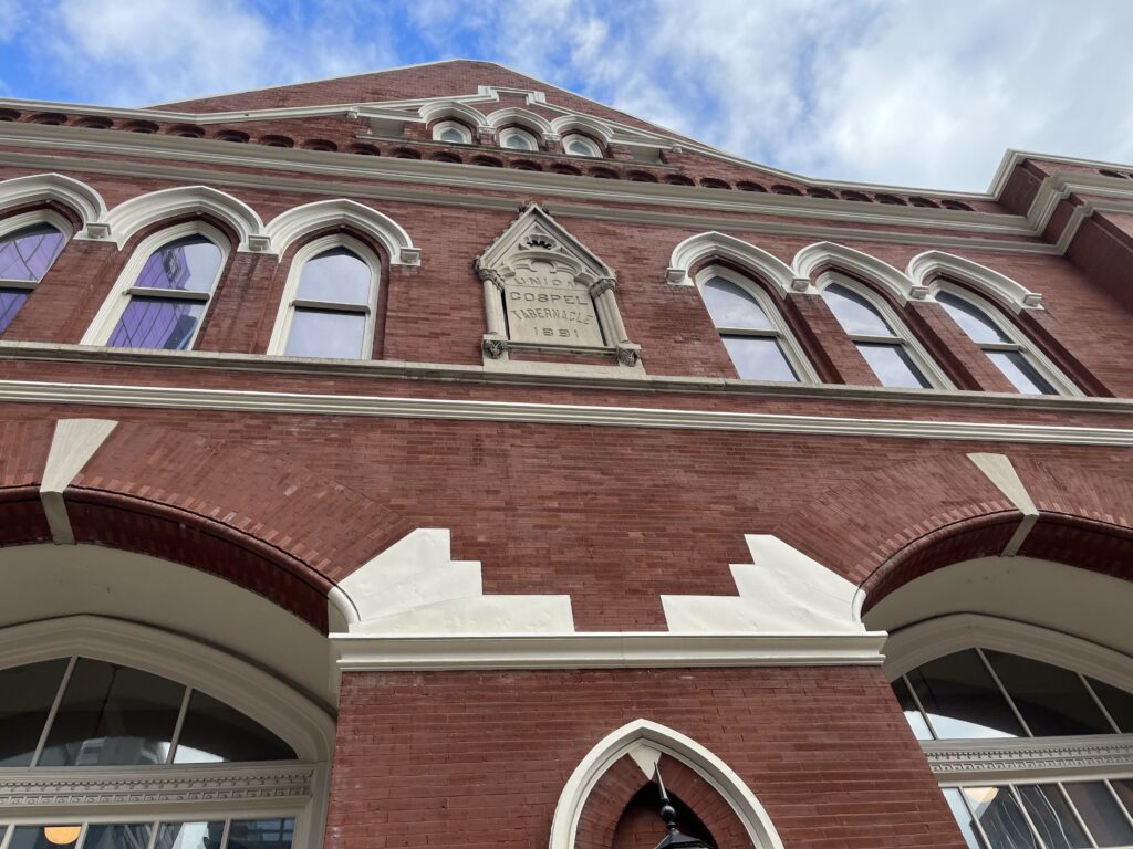 The brick front of the Ryman Auditorium in Nashville, TN