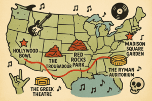 AI generated image of USA map with some venues highlighted