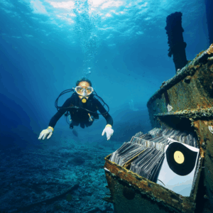 AI generated image of a deep sea diver discovering albums