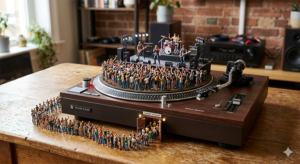 Turntable has tiny people on it and many lined up