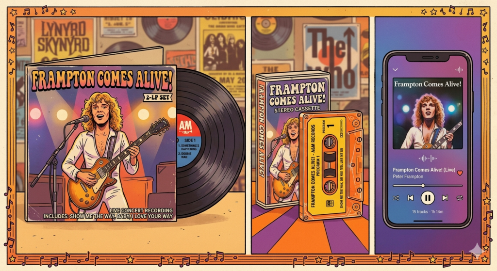 Cartoon representation of Frampton Comes Alive in vinyl, cassette and streaming